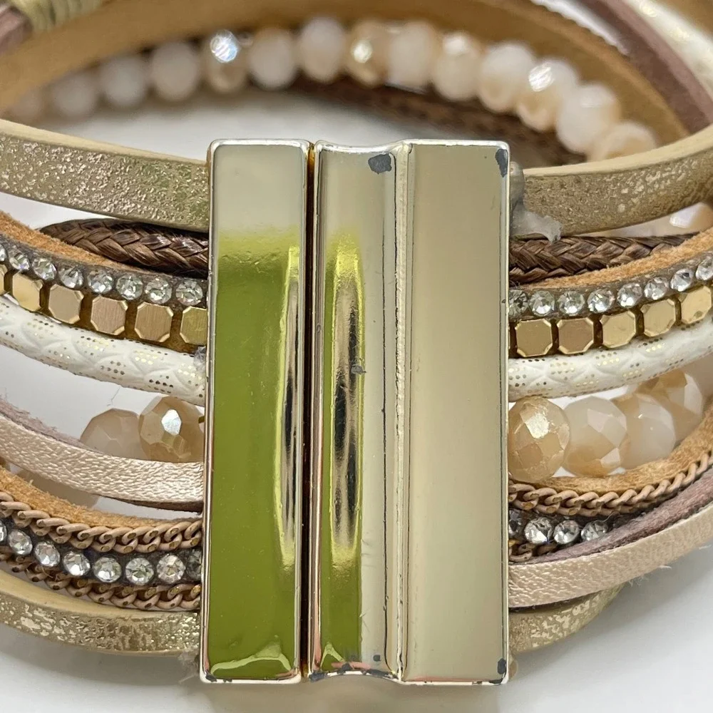 Boho Multi Strand Layered Magnetic Clasp Bracelet Gold Rhinestone Beaded Neutral